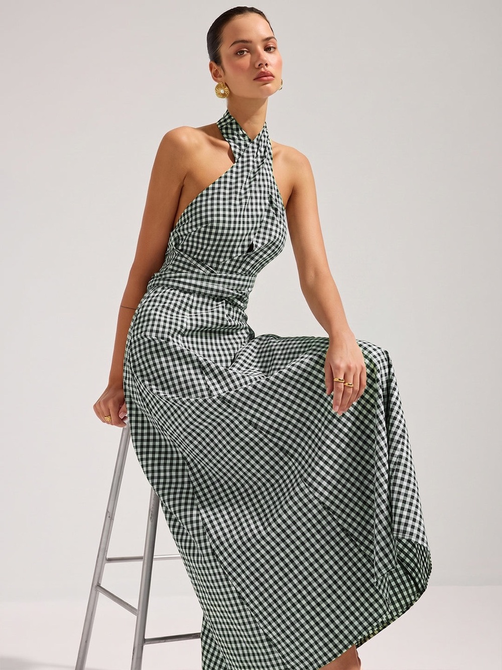 Commense - Gingham Halter Cotton Maxi Dress *Green and White